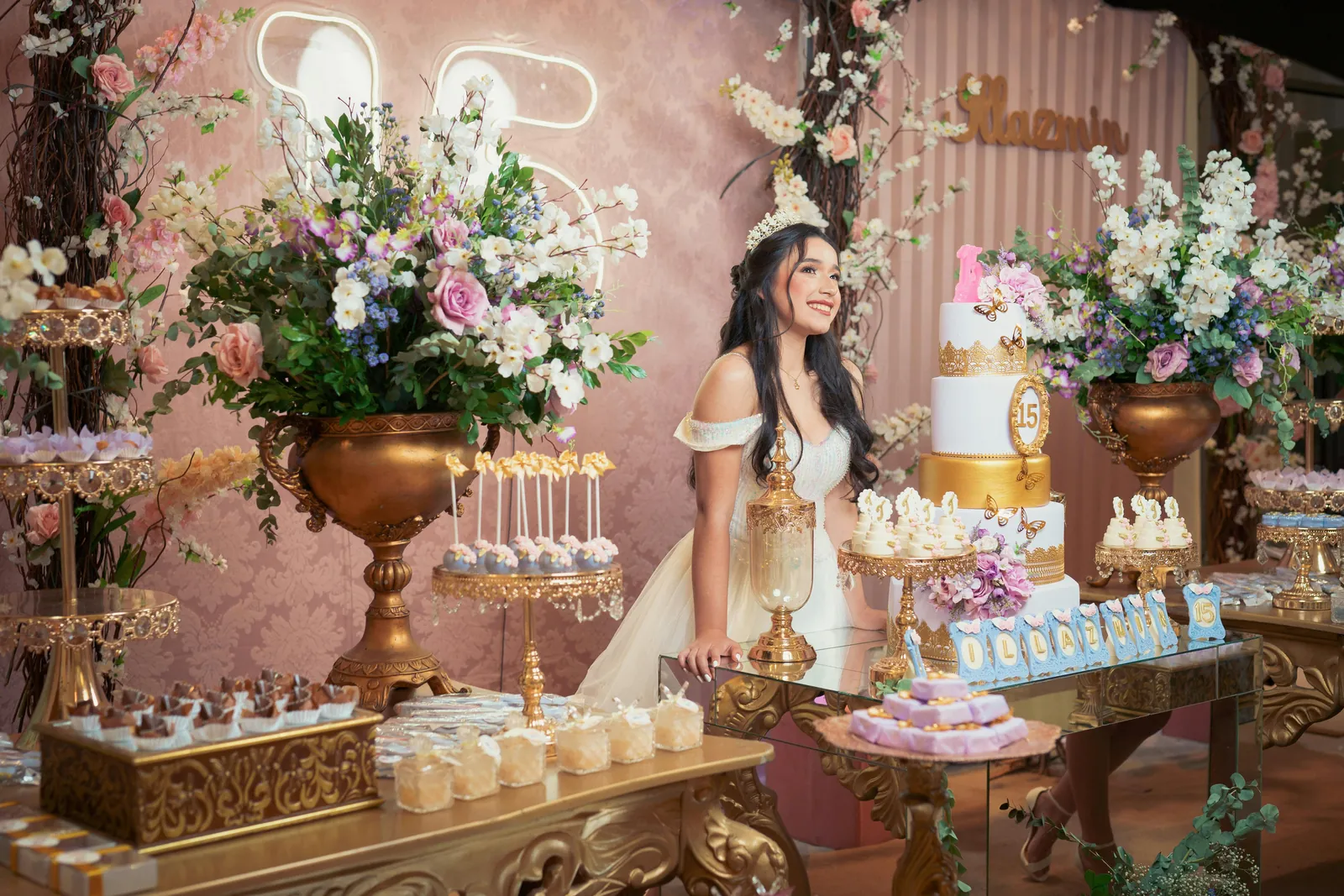 Social celebration dessert table styled with florals